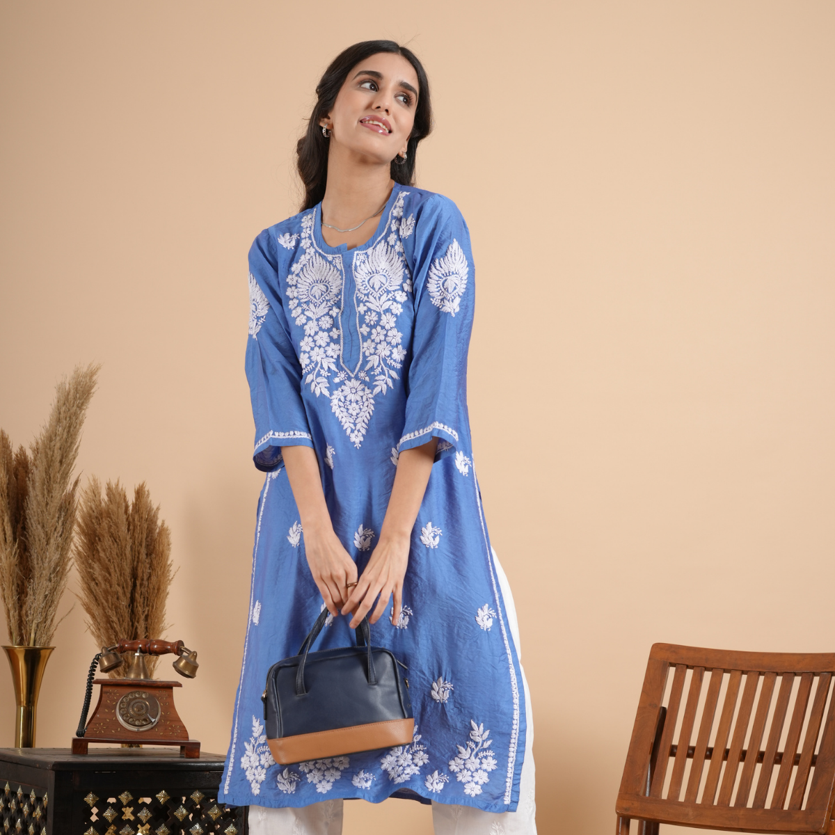 Sky Blue Chikankari Chanderi Kurta