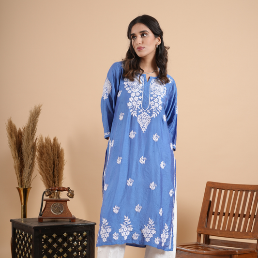 Sky blue chikankari chanderi kurta for women