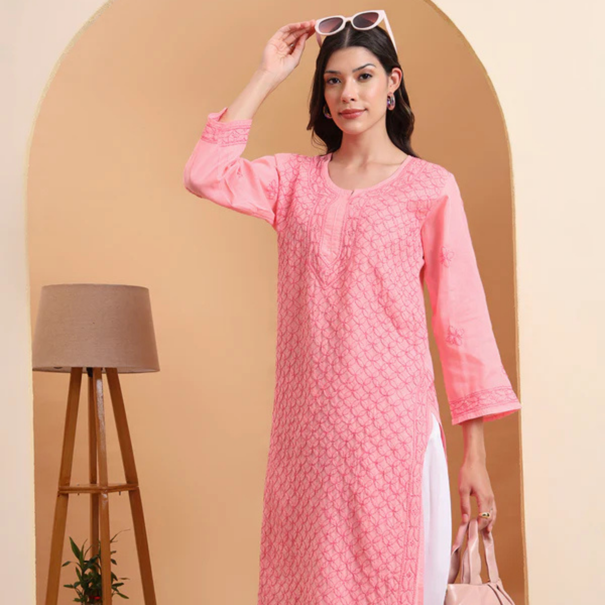 Soft Pink Voile Cotton Lucknowi Chikankari Straight Kurti