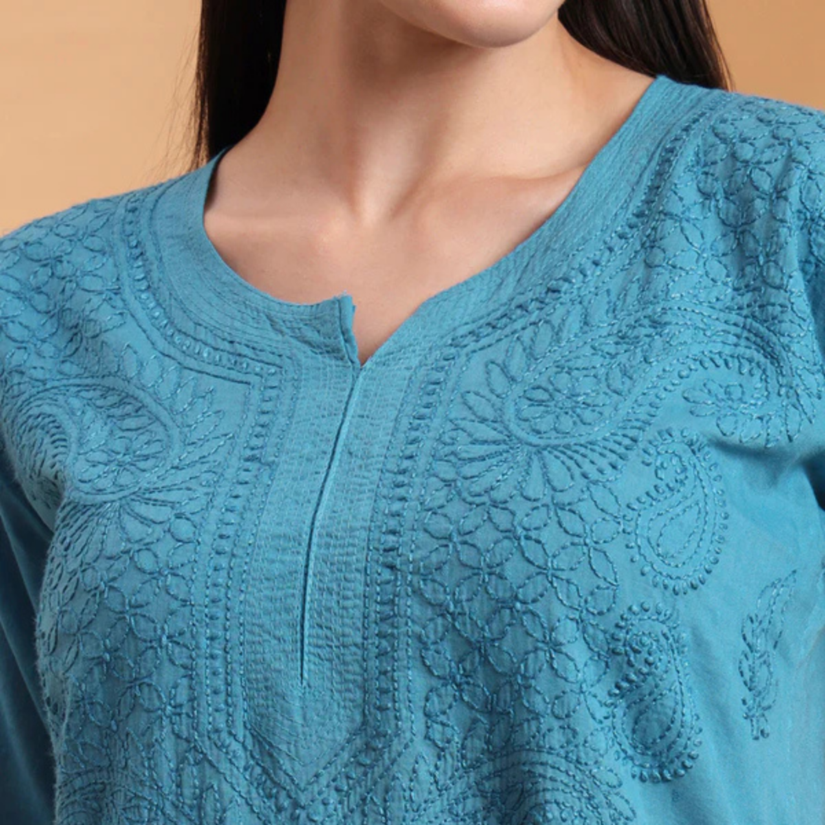 Teal Blue Mulmul Cotton Straight Kurta
