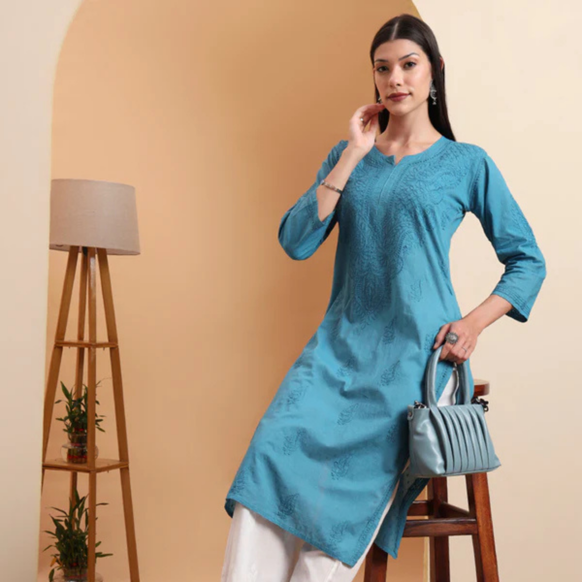 Teal Blue Mulmul Cotton Straight Kurta