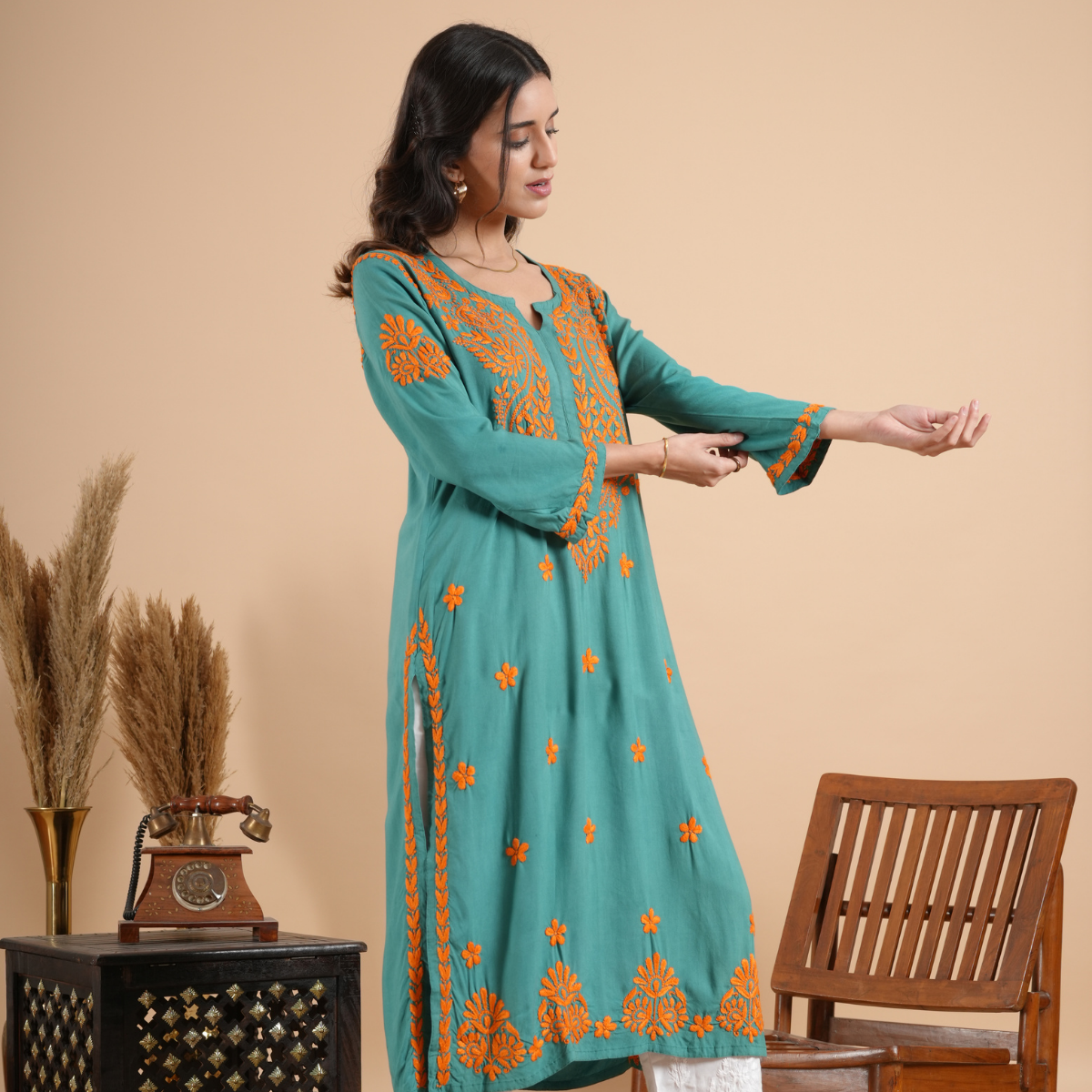 Teal Green Rayon Chikankari Kurta