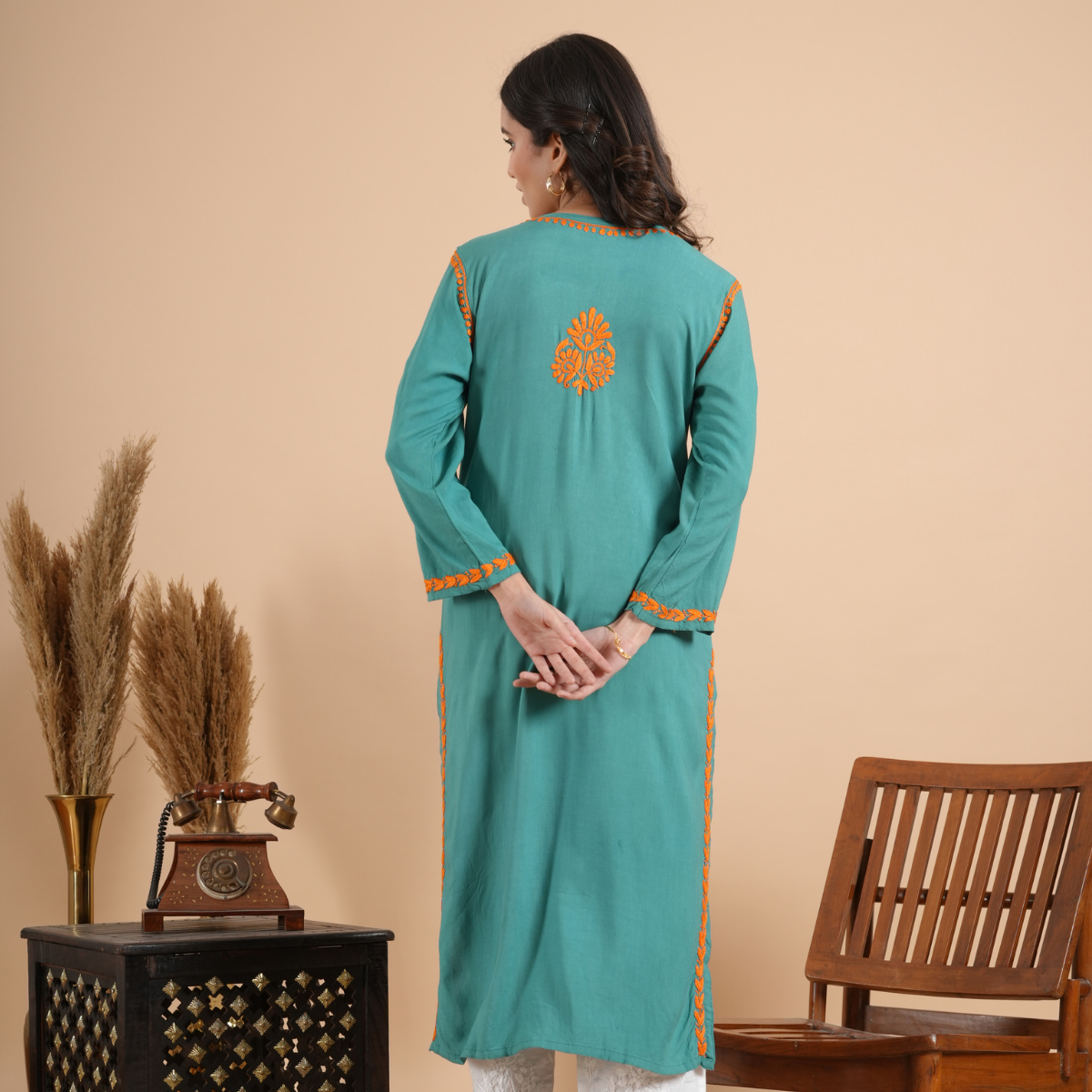 Teal Green Rayon Chikankari Kurta