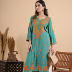 Teal green rayon chikankari kurta with hand embroidery