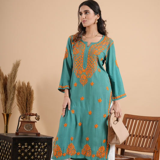 Teal green rayon chikankari kurta with hand embroidery
