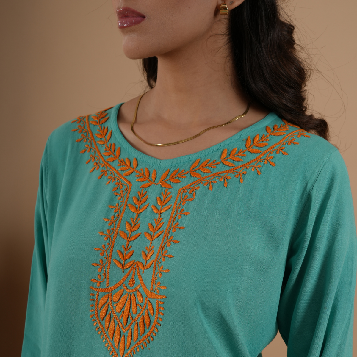 Teal Green Rayon Chikankari Short Kurti