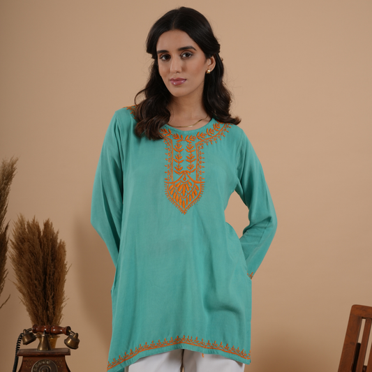 Teal green rayon chikankari short kurti for women