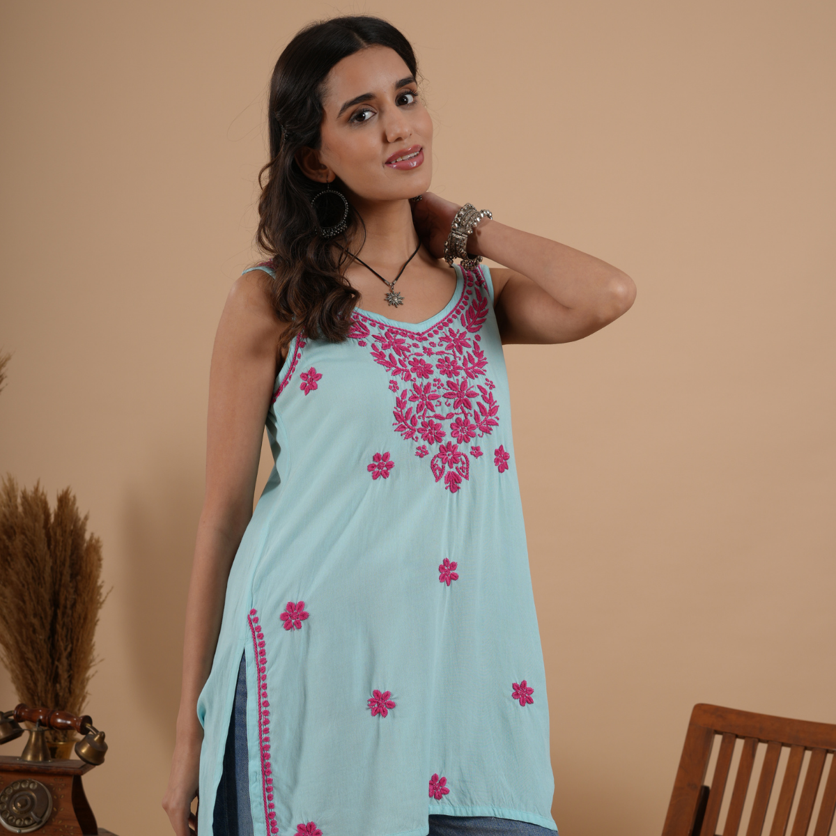 Turquoise Blue Rayon Chikankari Sleeveless Short Kurti