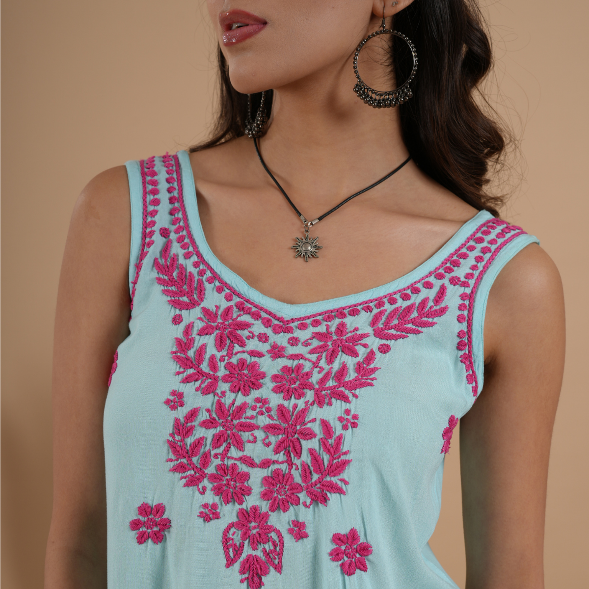 Turquoise Blue Rayon Chikankari Sleeveless Short Kurti