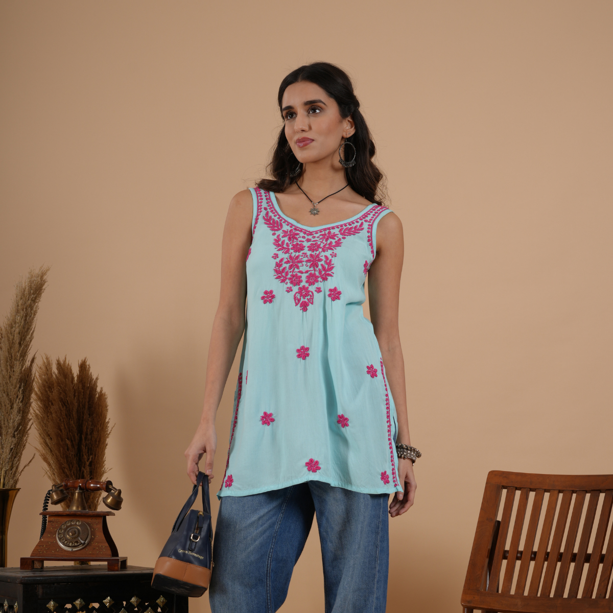 Turquoise Blue Rayon Chikankari Sleeveless Short Kurti