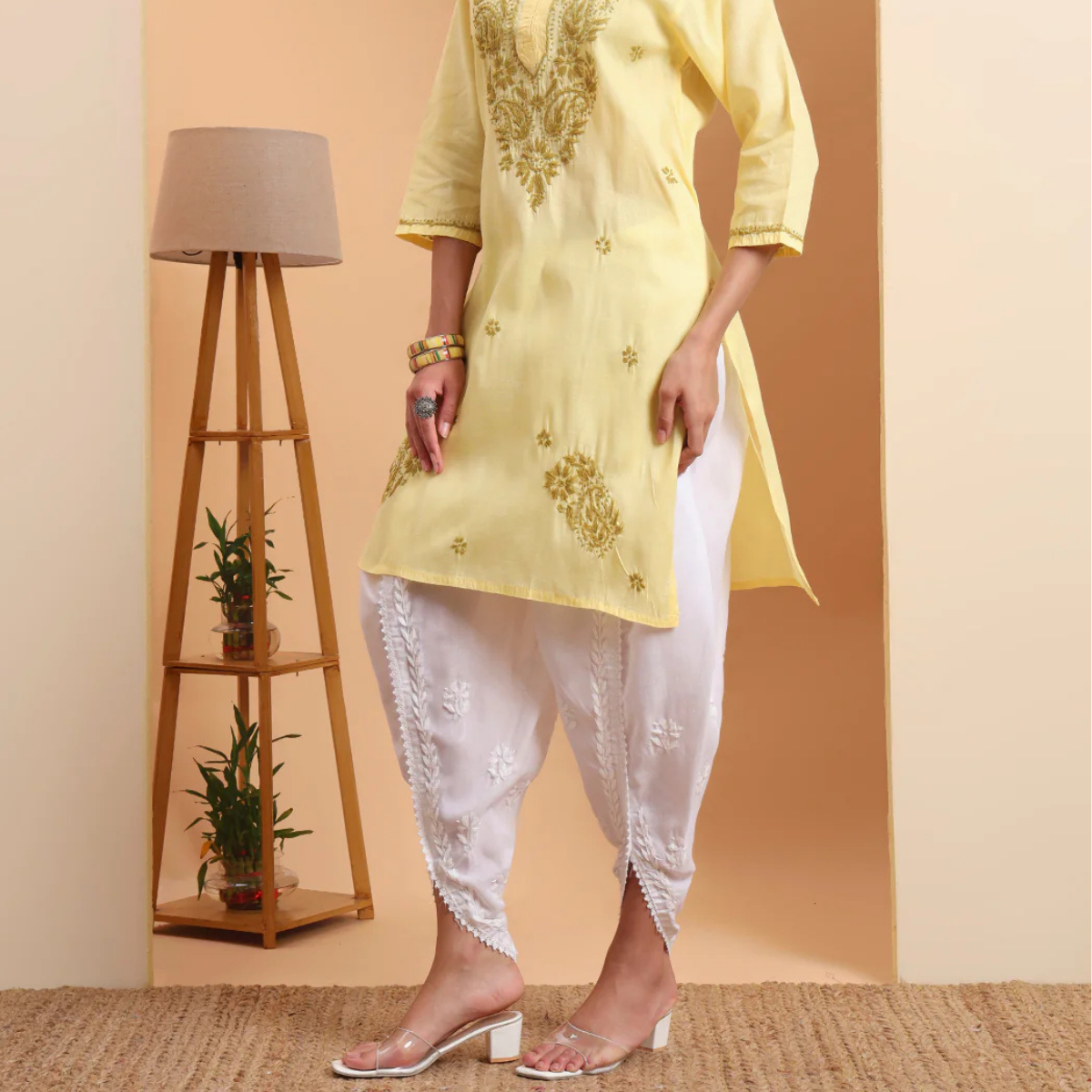 White Cotton Chikankari Embroidered Dhoti Pants