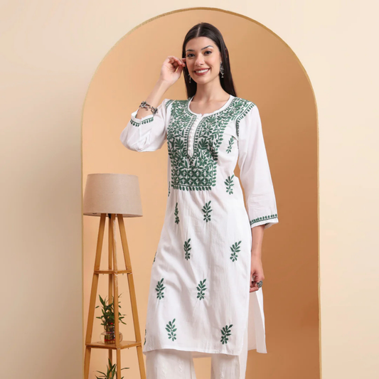 white-cotton-chikankari-kurta-green-embroidery