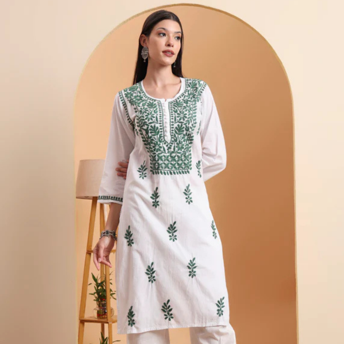 White Cotton Lucknowi Chikankari Kurta with Green Embroidery