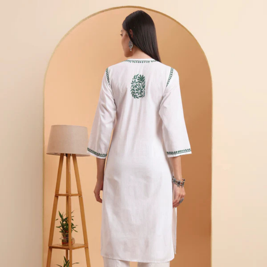 White Cotton Lucknowi Chikankari Kurta with Green Embroidery