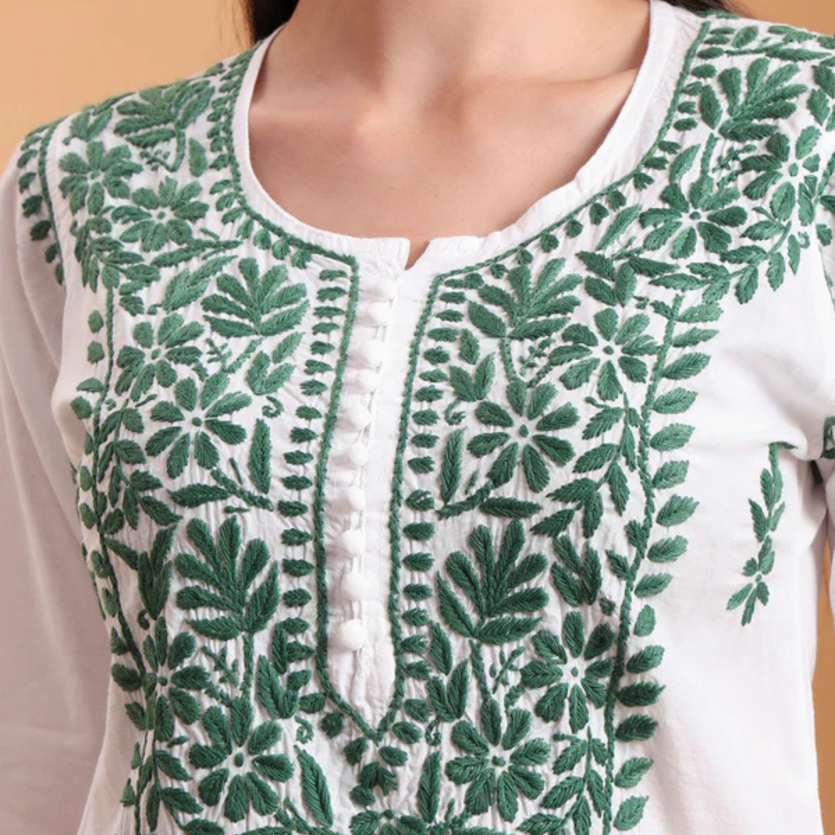 White Cotton Lucknowi Chikankari Kurta with Green Embroidery