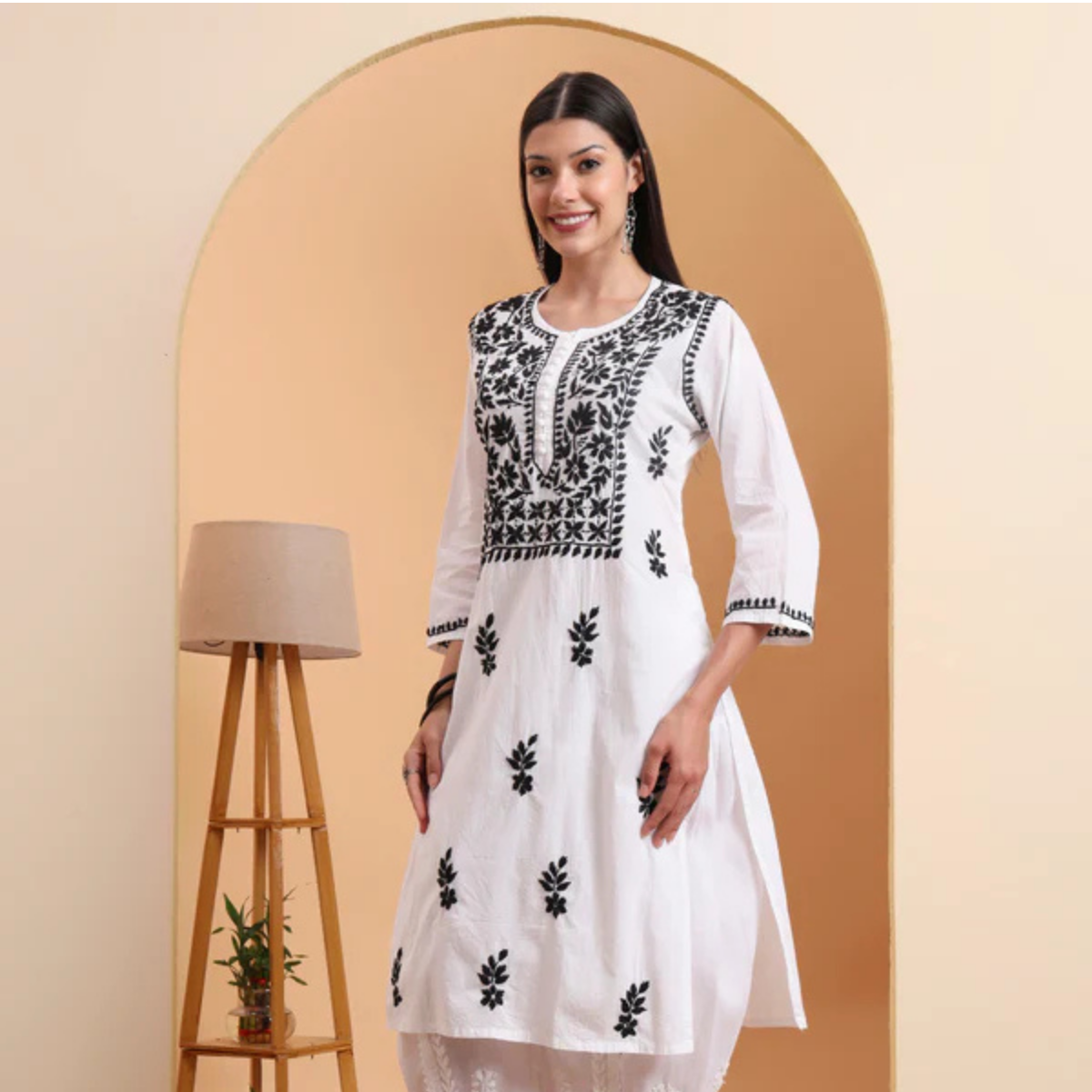 White Cotton Lucknowi Chikankari Kurta with Black Embroidery