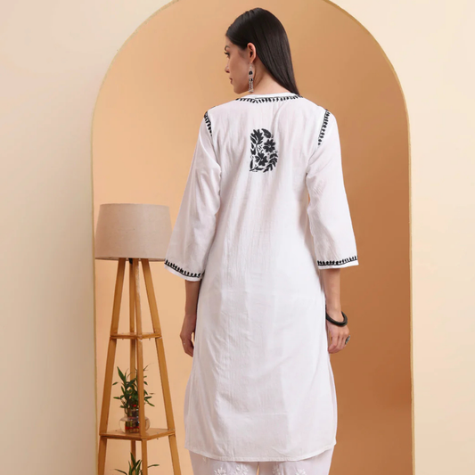 White Cotton Lucknowi Chikankari Kurta with Black Embroidery