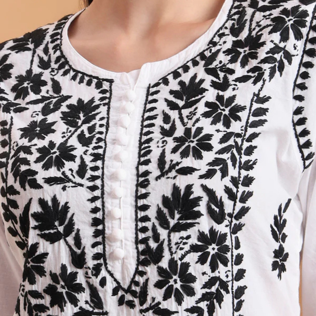 White Cotton Lucknowi Chikankari Kurta with Black Embroidery