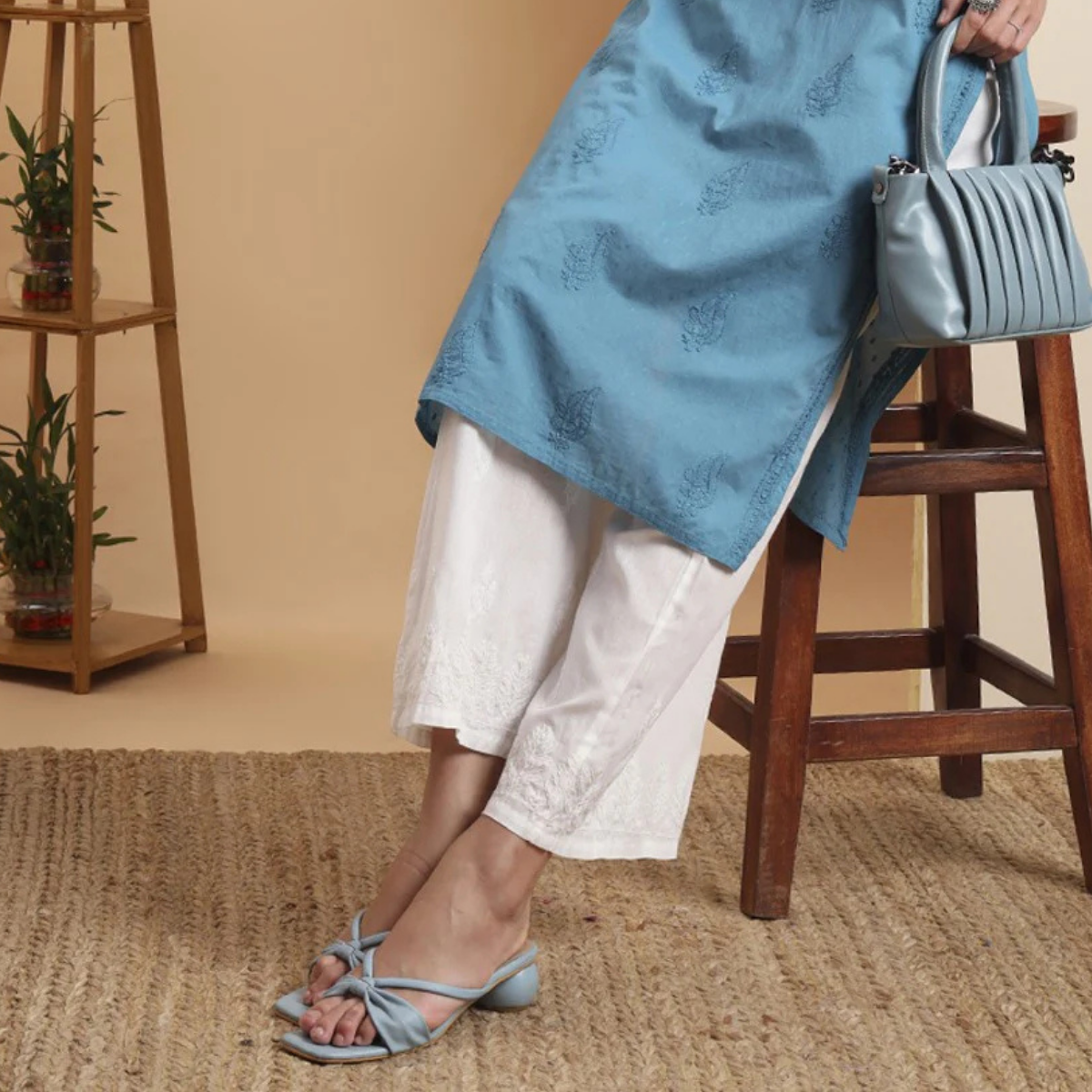 White Cotton Straight Pants with Chikankari Embroidery