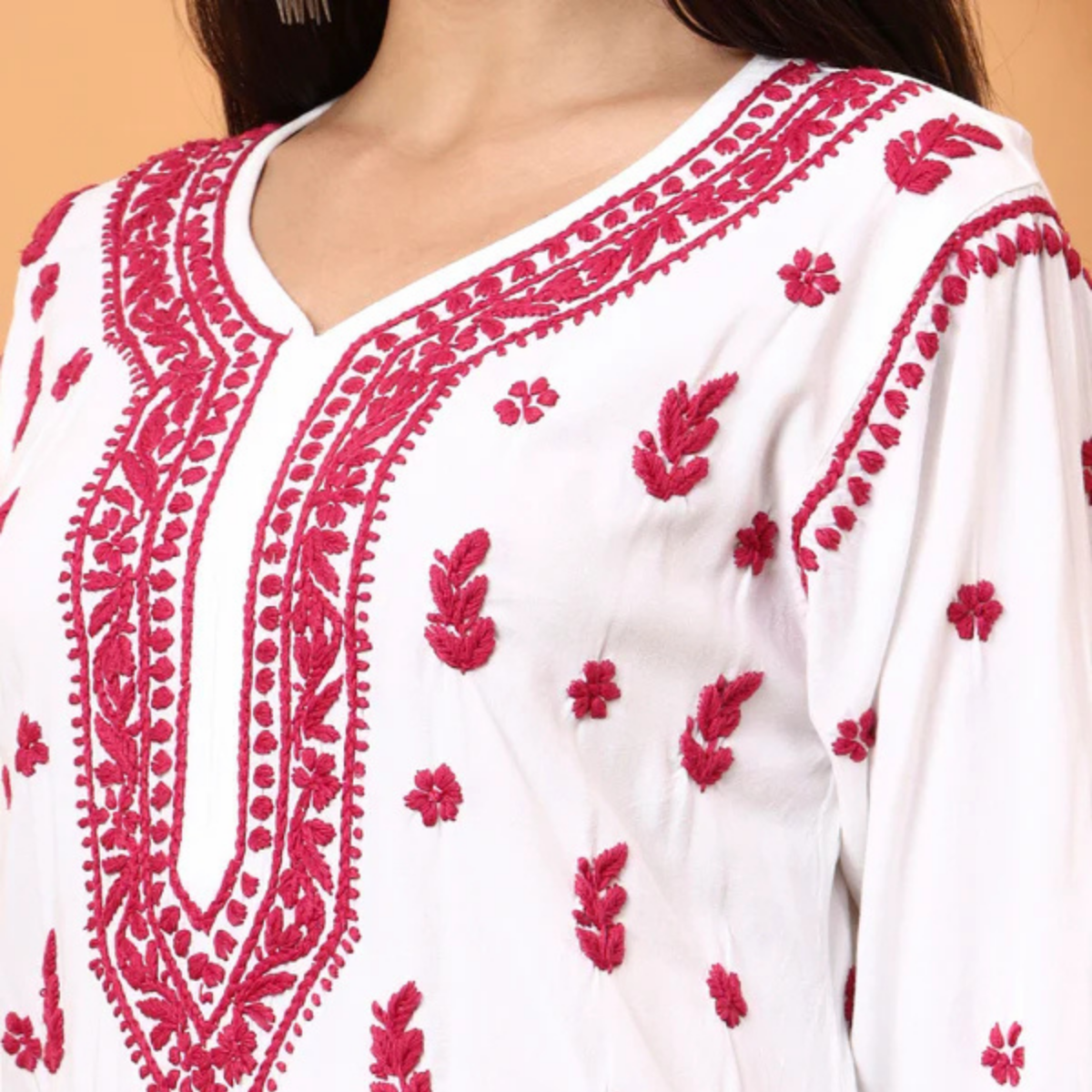 White and Pink Dobby Rayon Embroidered Kurti