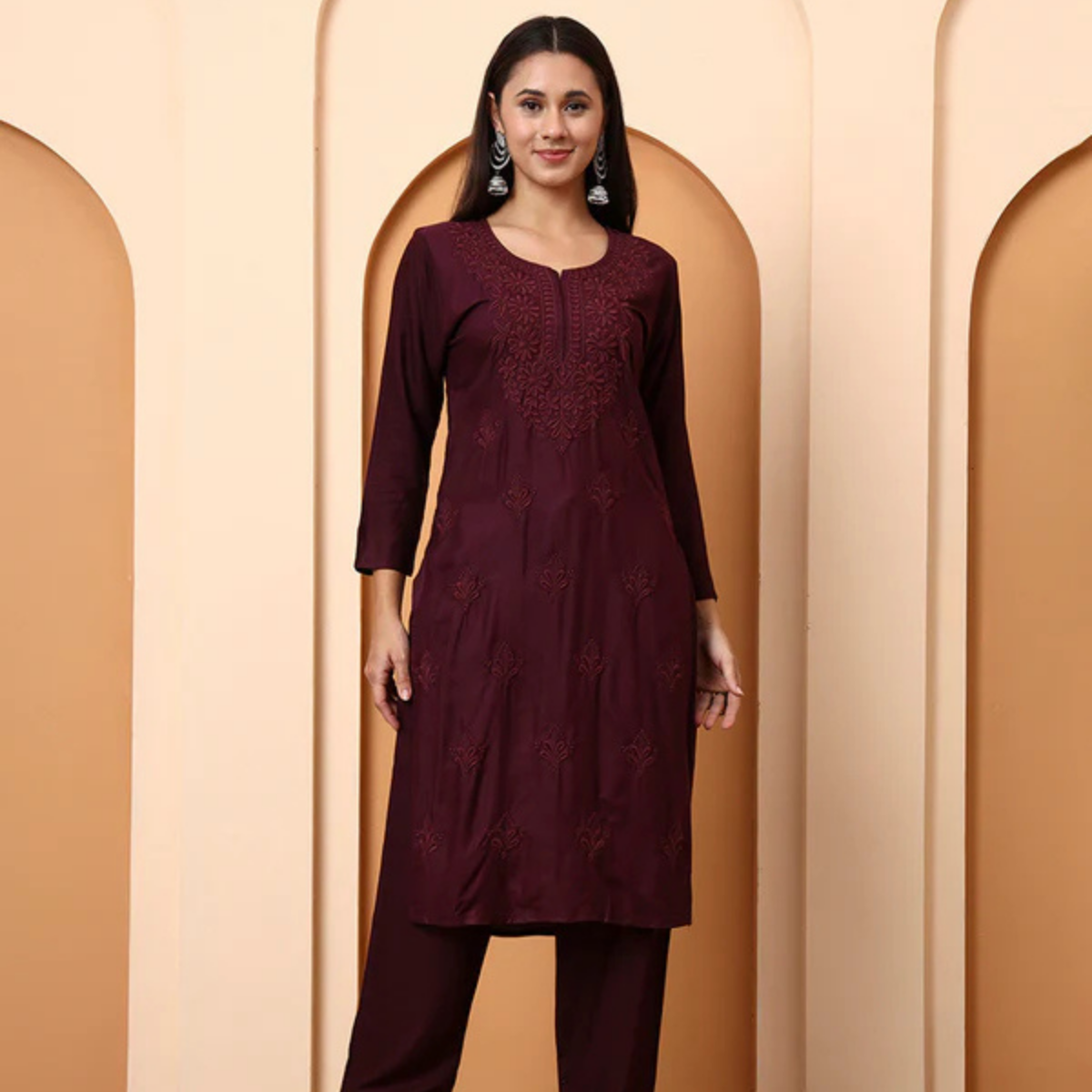 wine-chikankari-rayon-kurta-set-embroidered-pants