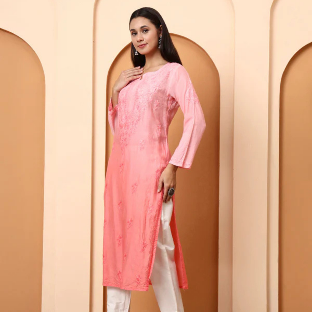 Peach Chanderi Embroidered Kurti