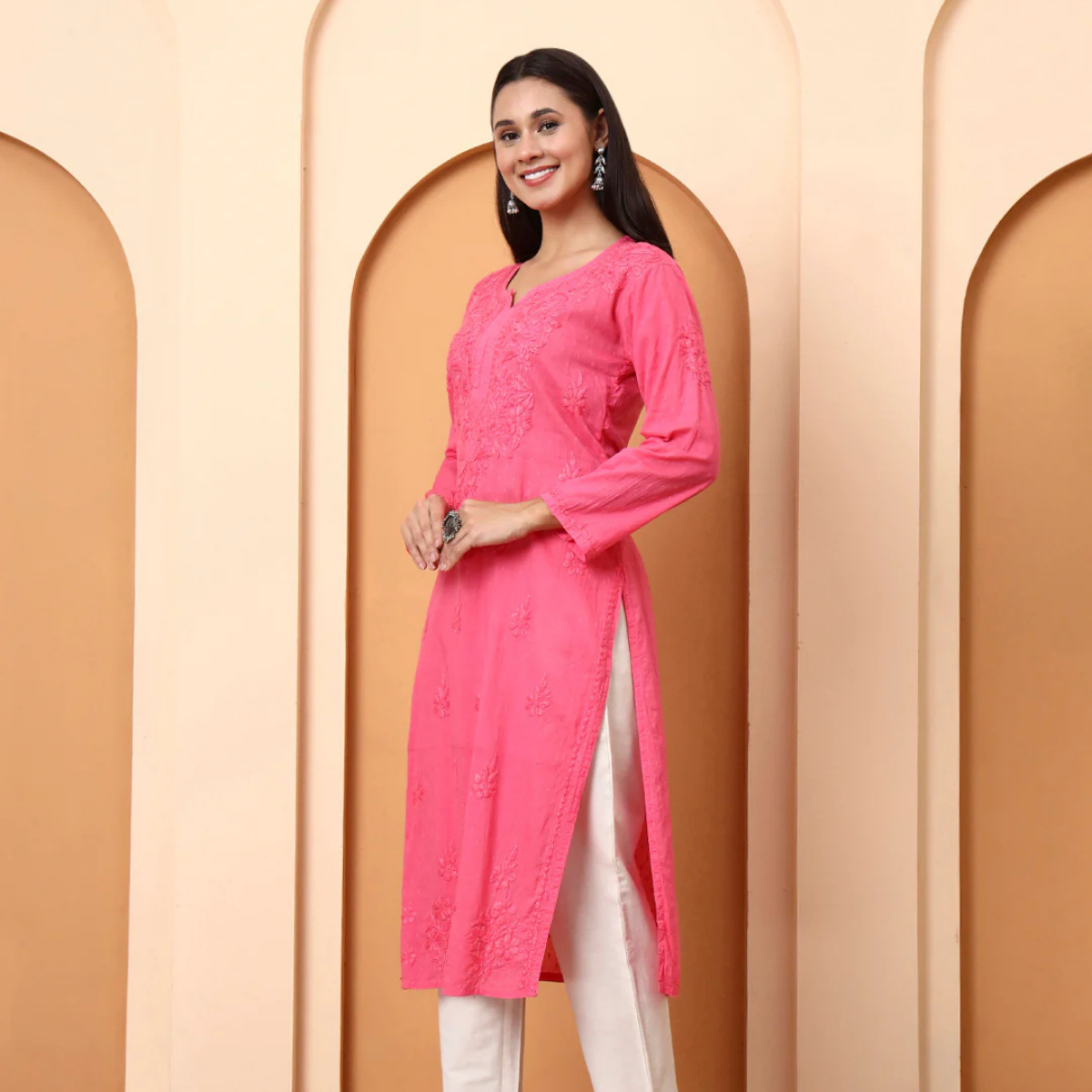 Pink Cotton Embroidered Kurti