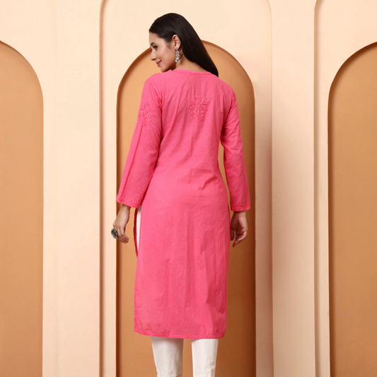 Pink Cotton Embroidered Kurti