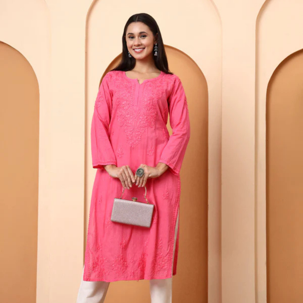 Pink Cotton Embroidered Kurti