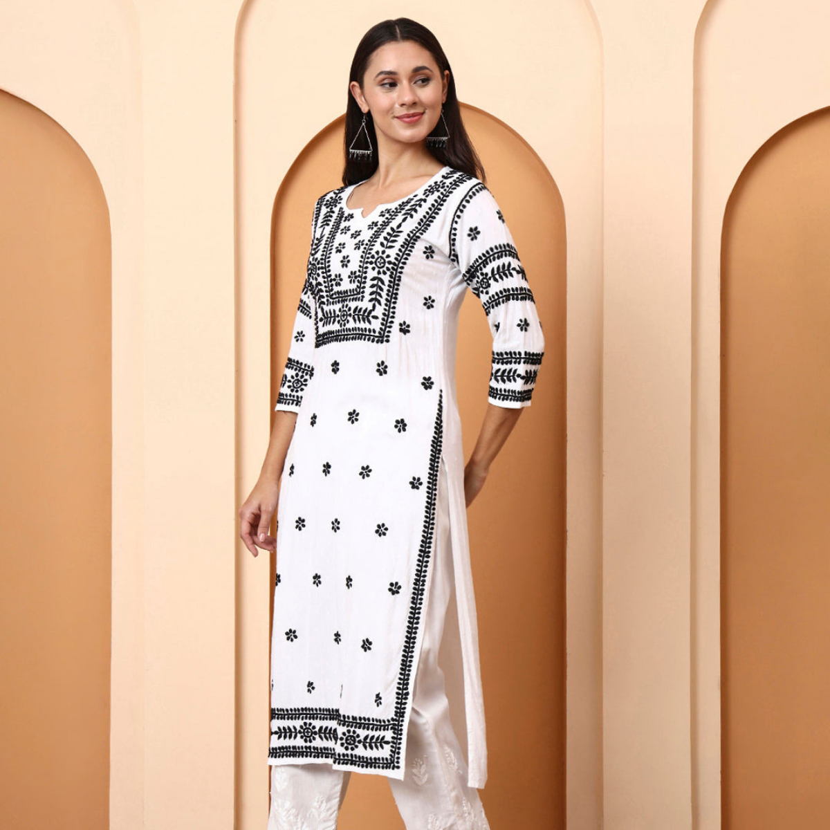 White Cotton Kurti with Black Embroidery