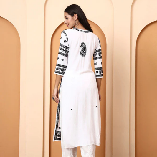 White Cotton Kurti with Black Embroidery