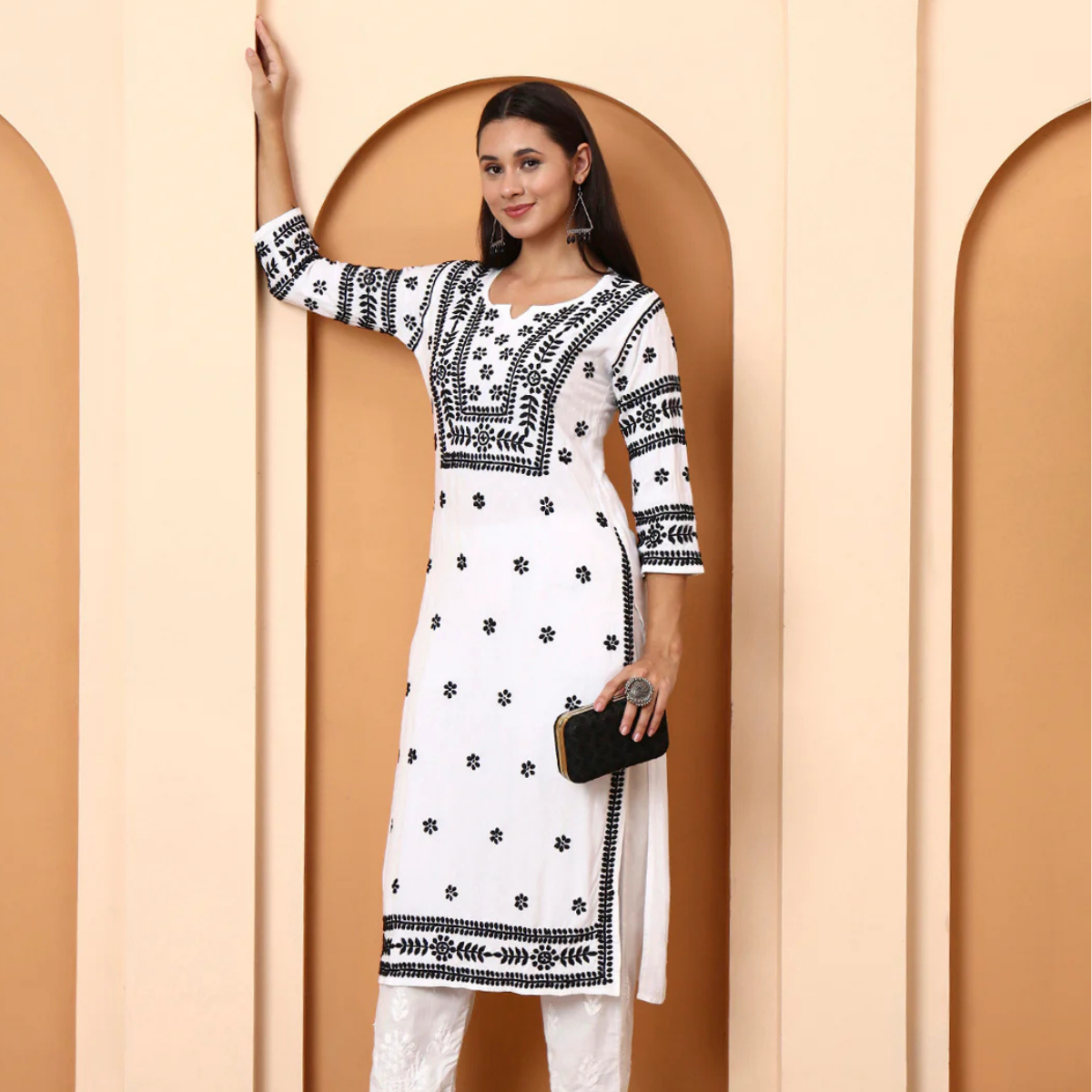 White Cotton Kurti with Black Embroidery